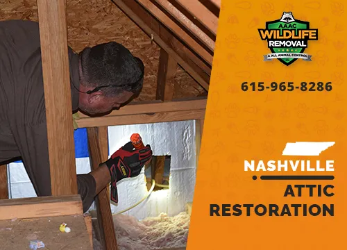 Wildlife Pest Control operator inspecting an attic in Nashville before restoration